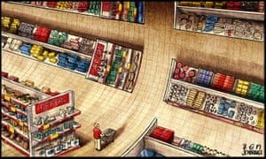 Ben Jennings cartoon, 22/6/22: shopper contemplates steep curve of cylindrical shopping aisles