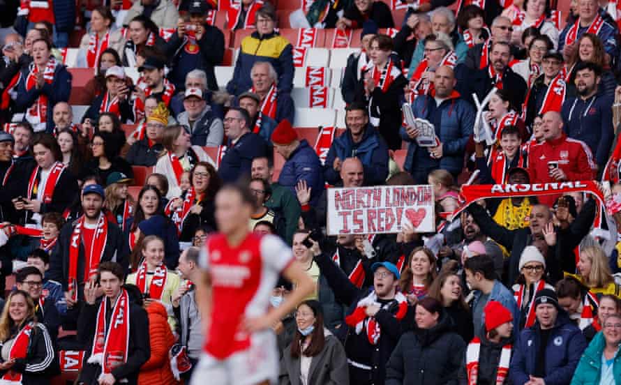 Arsenal v Tottenham: Women’s Super League – live! | Women's Super League 2 Arsenal fans in the stands cheer their team.