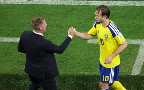 Benjamin Nygren shakes hands with coach Graham Potter after being substituted.