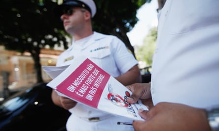 Brazilian navy sailors prepare to pass out pamphlets warning of the dangers of the Zika virus and how to protect against mosquitos in Rio de Janeiro.