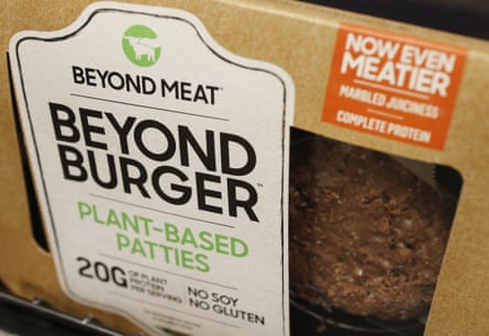 A meatless burger patty called Beyond Burger made by Beyond Meat is displayed at a grocery store in the US