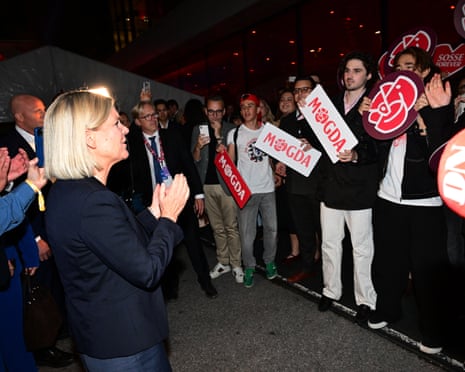 Social Democrats party leader Magdalena Andersson (L) arrives at the Social Democrats election night watch party in Stockholm, Sweden.