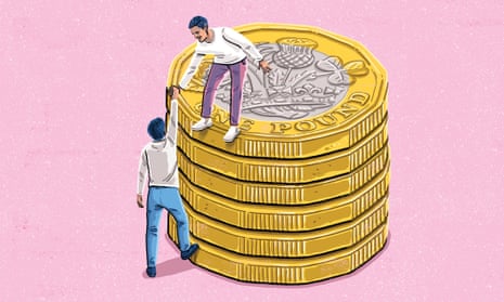 tower of coins with man helping another