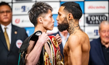 Japan’s Naoya Inoue, left, and Mexico’s Luis Nery meet for a staredown after Sunday’s official weigh-in in Tokyo ahead of their four-belt junior featherweight championship bout. 