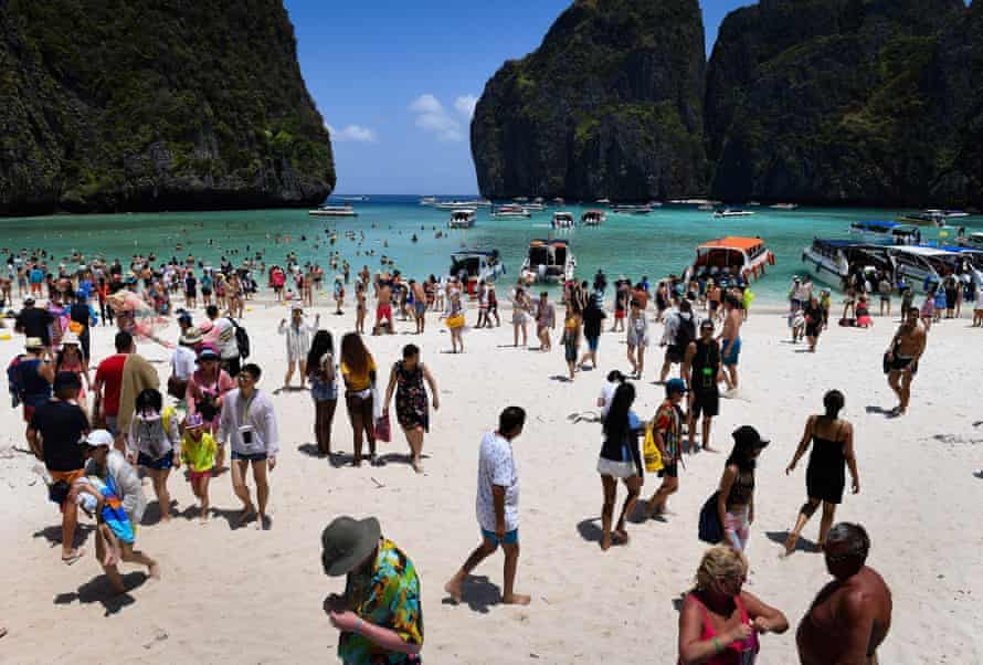 Overcrowded Maya Bay beach in 2018.