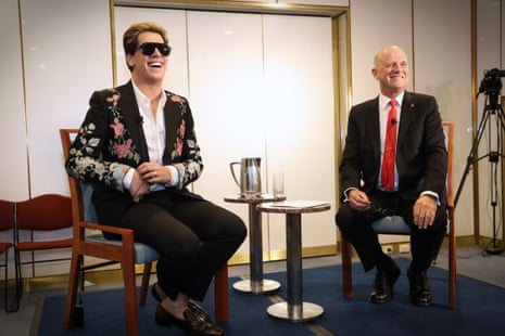 Rightwing provocateur Milo Yiannopoulos shares the stage with ‘libertarian’ senator David Leyonhjelm in a small room in Parliament House on Tuesday. 