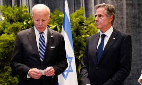 Antony Blinken, right, with Joe Biden in Tel Aviv on Wednesday