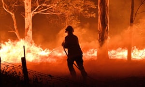 A firefighter hosing down trees and flying embers in an effort to protect nearby houses from bushfires near the town of Nowra in the Australian state of New South Wales on 31 December