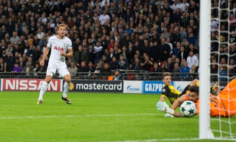 Tottenham Hotspur’s Harry Kane watches the ball find the back of the net for his second goal of the game.