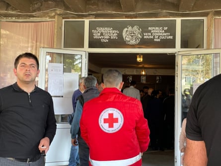 People outside the refugee registration centre in Vayk.