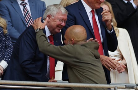 Sir Alex Ferguson shakes hands with Pep Guardiola after last season’s FA Cup final.