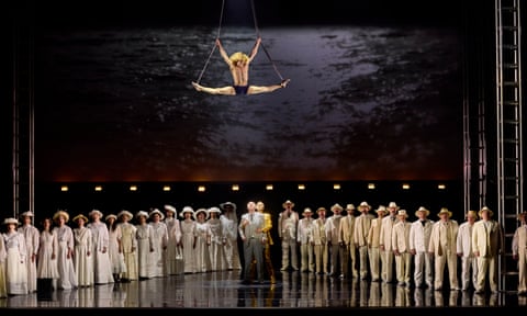 Welsh National Opera rehearse Death in Venice with aerialist Antony César (top) as Tadzio and Mark Le  Brocq (centre) as Aschenbach
