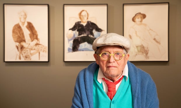 David Hockney with drawings from his exhibition David Hockney: Drawing from Life at the National Portrait Gallery, London. 