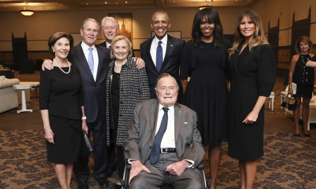 The Bush family with the Clintons, Obamas and Melania Trump at Barbara Bush’s funeral.