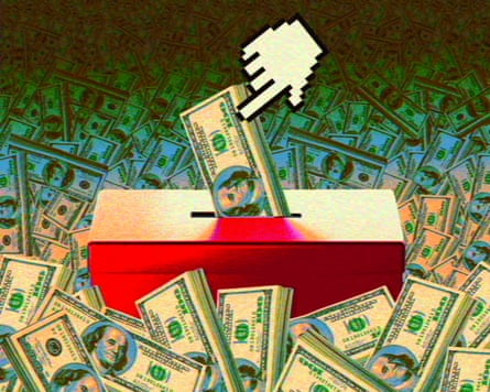 Illustration of a hand cursor placing a stack of dollar bills into a ballot box amid stacks of cash