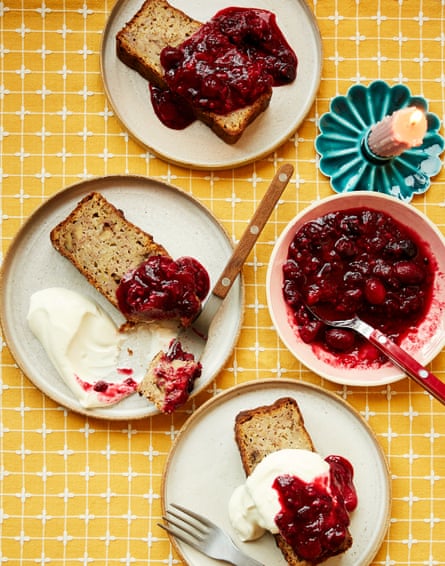 Ravinder Bhogal’s bircher muesli loaf with cranberry compote.
