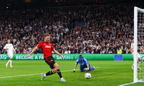 Rasmus Højlund of Manchester United scores his second goal of the game.