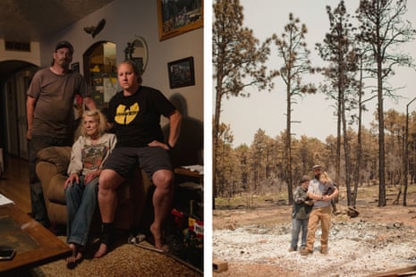 Left: Three people sit on and by a couch inside. Right: A mother and father hold their young child in front of burned trees