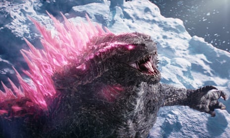 still of an animated giant lizard creature with pink eyes and scales