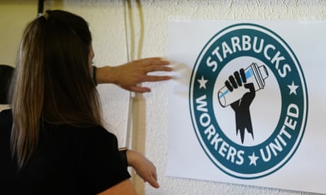A Starbucks barista in Buffalo, New York, helps out the local Starbucks Workers United in Mesa, Arizona, in February.