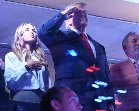 Donald Trump salutes during the national anthem at the NBA finals