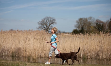 A woman jogs in the countryside with her dog