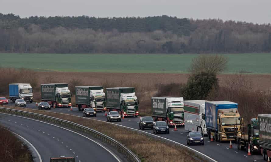 Lorries queue near Dover in a rehearsal for a no-deal Brexit
