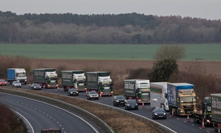 Lorries queue near Dover in a rehearsal for a no-deal Brexit
