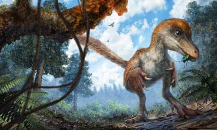 A reconstruction of a small coelurosaur approaching a resin-coated branch on the forest floor.