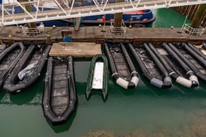 Dinghies moored in Dover, after being intercepted by the UK Border Force as people attempted to cross the Channel.