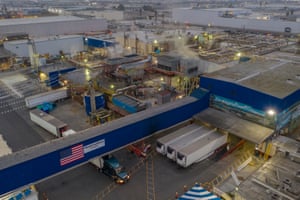An aerial view shows the Farmer John slaughterhouse after 153 workers tested positive for Covid, on 26 May 2020 in Vernon, California.
