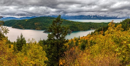Panoramic format photo of a colorful Fall Landscape in Sasquatch Provincial Park, Kent, British Columbia.