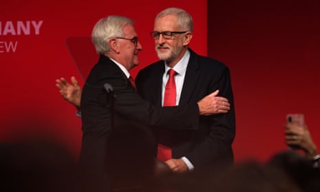 John McDonnell and Jeremy Corbyn greet each other on the third day of the Labour party conference