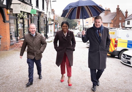 Kemi Badenoch on a visit to Pinner, north-west London, today with Mel Stride, shadow chancellor (right) and David Simmonds, shadow housing minister.