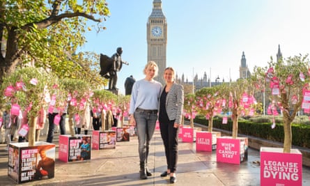 Esther Rantzen’s daughter Rebecca Wilcox (left) with the MP Kim Leadbeater in Parliament Square, London, surrounded by ‘legalised assisted dying’ signs