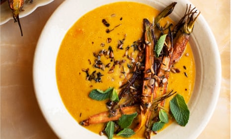 Larder love: split pea soup with roast carrots.