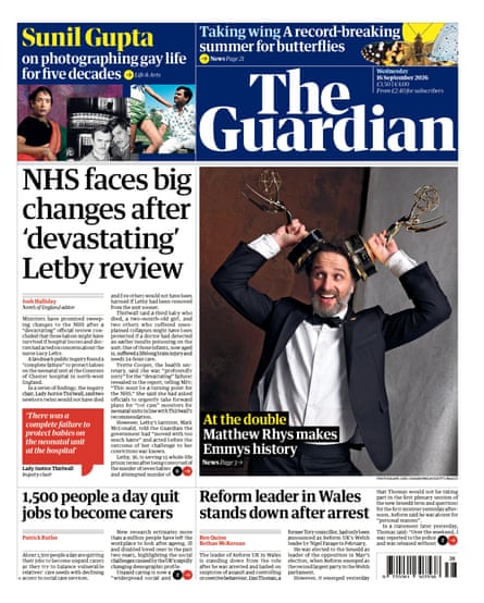 Front page of the Guardian 16 September 2026