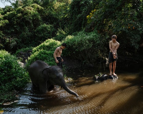 Soldiers and villagers bathe in the rivers with a young elephant.
