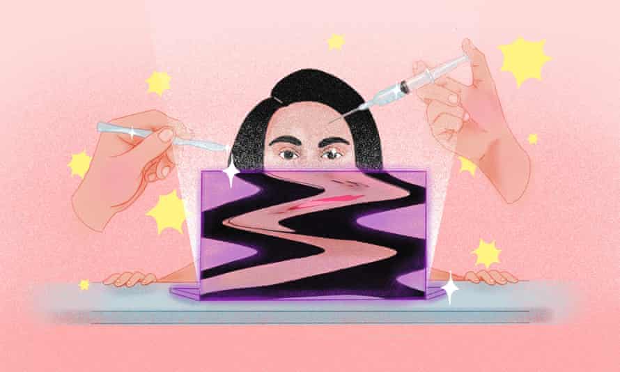 Illustration of a person on a laptop with hands above them holding syringes