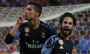 Real Madrid's Isco celebrates scoring their first goal with Cristiano Ronaldo<br>Football Soccer - Atletico Madrid v Real Madrid - UEFA Champions League Semi Final Second Leg - Vicente Calderon Stadium, Madrid, Spain - 10/5/17 Real Madrid's Isco celebrates scoring their first goal with Cristiano Ronaldo  Reuters / Sergio Perez Livepic