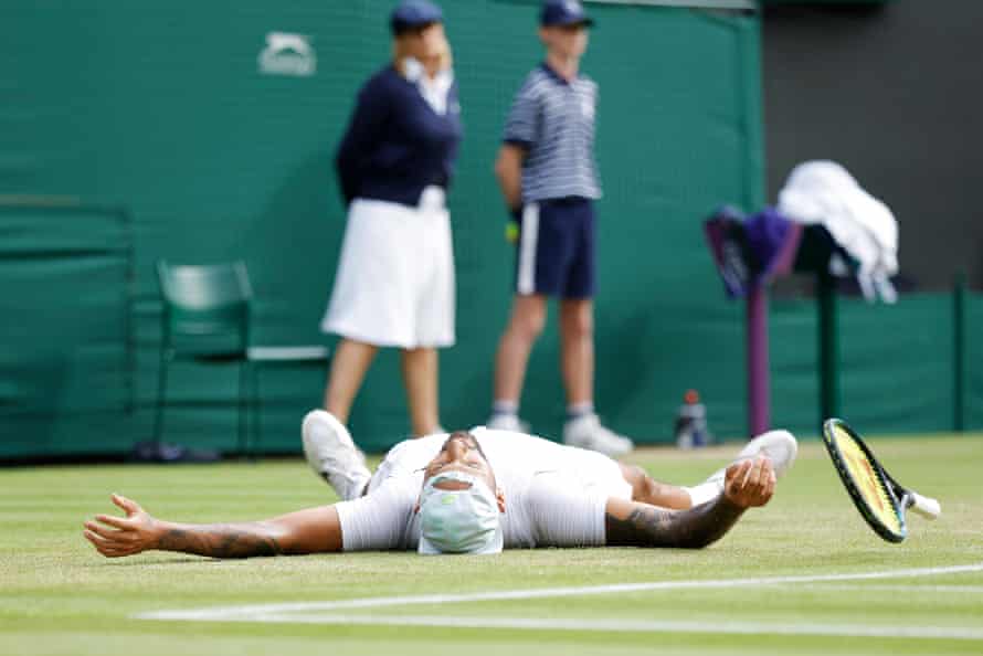 Nick Kyrgios celebrates after winning his men’s singles quarter-final match against Cristian Garin.