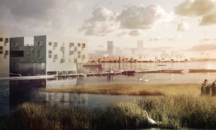 A view across the lagoon at the proposed ​Bight City development in Jamaica Bay, 2067