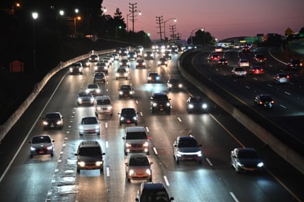 Vehicles drive on the 101 freeway in Los Angeles, California.
