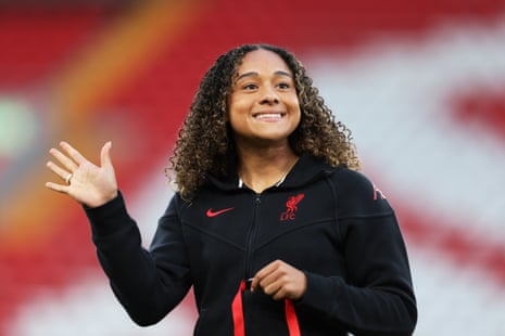 Olivia Smith of Liverpool waves to fans at Anfield