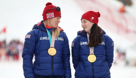 Menna Fitzpatrick (right) and her guide Jennifer Kehoe (left) celebrate gold