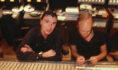 David Byrne in the studio with Brian Eno in the early 80s