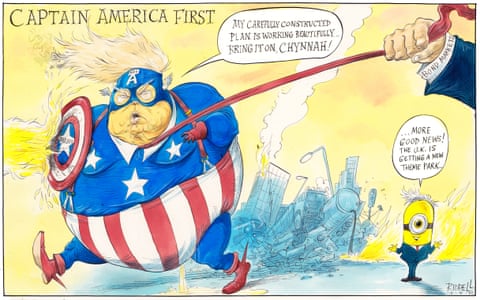 Beneath a caption that reads ‘Captain America First’, Donald Trump as the super hero Captain America holds up his 'tariffs shield' against a jet of flame. Behind him is a wrecked city scape with crashed cars and street furniture in disarray. Trump’s long red tie is being grasped by a muscular suited arm labelled ‘Bond Market’, which is pulling it tight. In the foreground is a diminutive Keir Starmer as a Minion character. Trump is saying “My carefully thought out plan is working brilliantly…bring it on, Chynnah!” Starmer is saying '…More great news! The UK is getting a new theme park!', panel 1