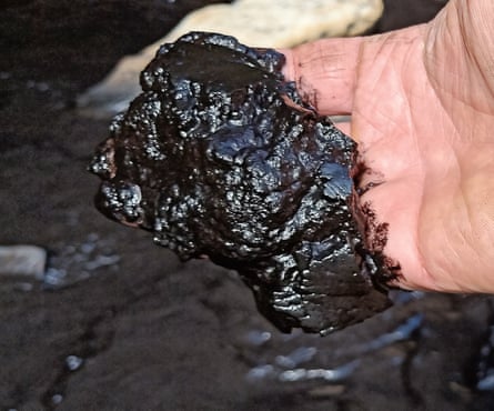 A hand holding a lump of coal sludge that has polluted Camp Gully creek, running through the Royal National Park in Sydney