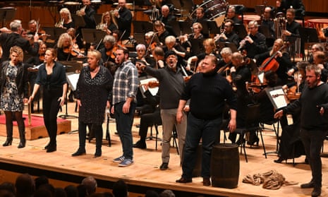 All the scenery we need ... a semi-staged performance at the Royal Festival Hall, London, in November 2019, with Stuart Skelton, second right. The Bergen Philharmonic Orchestra is led by Edward Gardner.