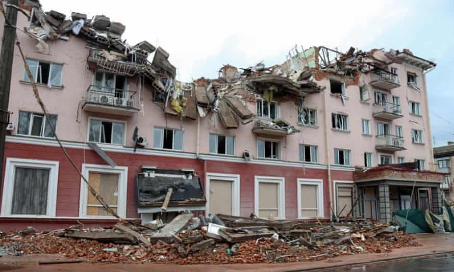 The building of the Hotel Ukraine shows damage caused as a result of shelling by Russian troops after the liberation of Chernihiv, northern Ukraine.